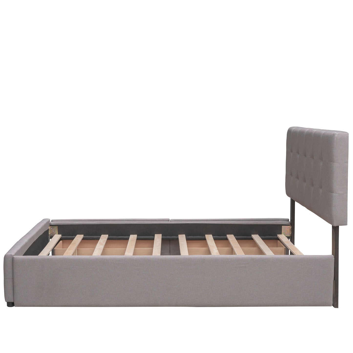 Queen Size Upholstered Platform Bed With 2 Drawers And 1 Twin Long Trundle - Light Gray