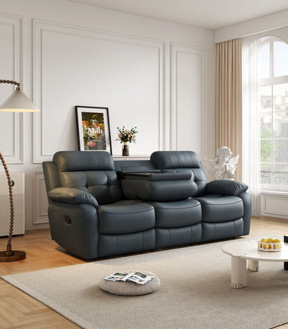 Genuine Leather Non-Power Reclining Sofa With Drop Down Table, Stainless Steel Cupholders And Magazine Bag - Blue