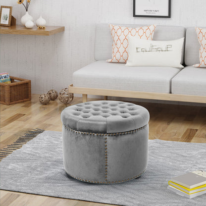 Elegant Round Ottoman Footstool With Velvet Upholstery And Studded Rim - Gray