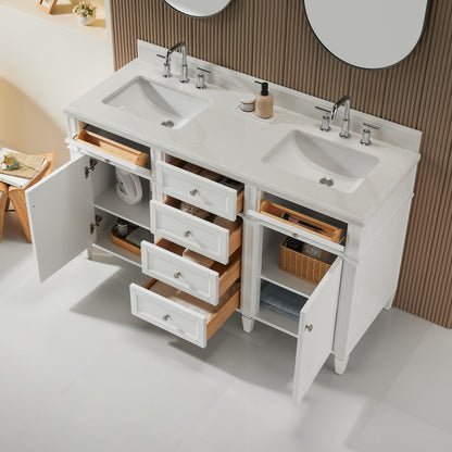 Fully Assembled 60'' Freestanding Double Sinks Bathroom Vanity With Quartz Top - White
