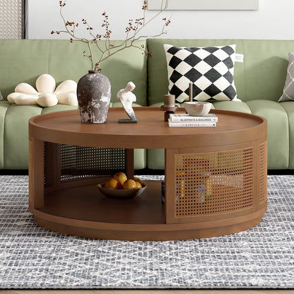 Wooden Mid-Century Modern Coffee Table, Round Cane Coffee Table With Side For Living Room - Brown