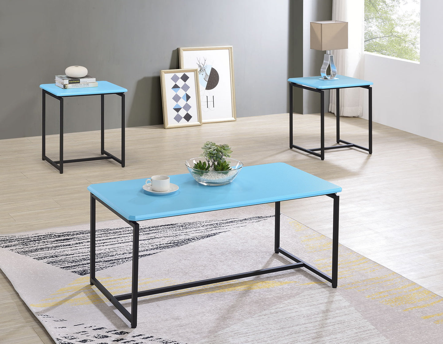 GT - 3 Piece Carbon Fiber Wrap Coffee Table And End Table (Set of 3) - Blue
