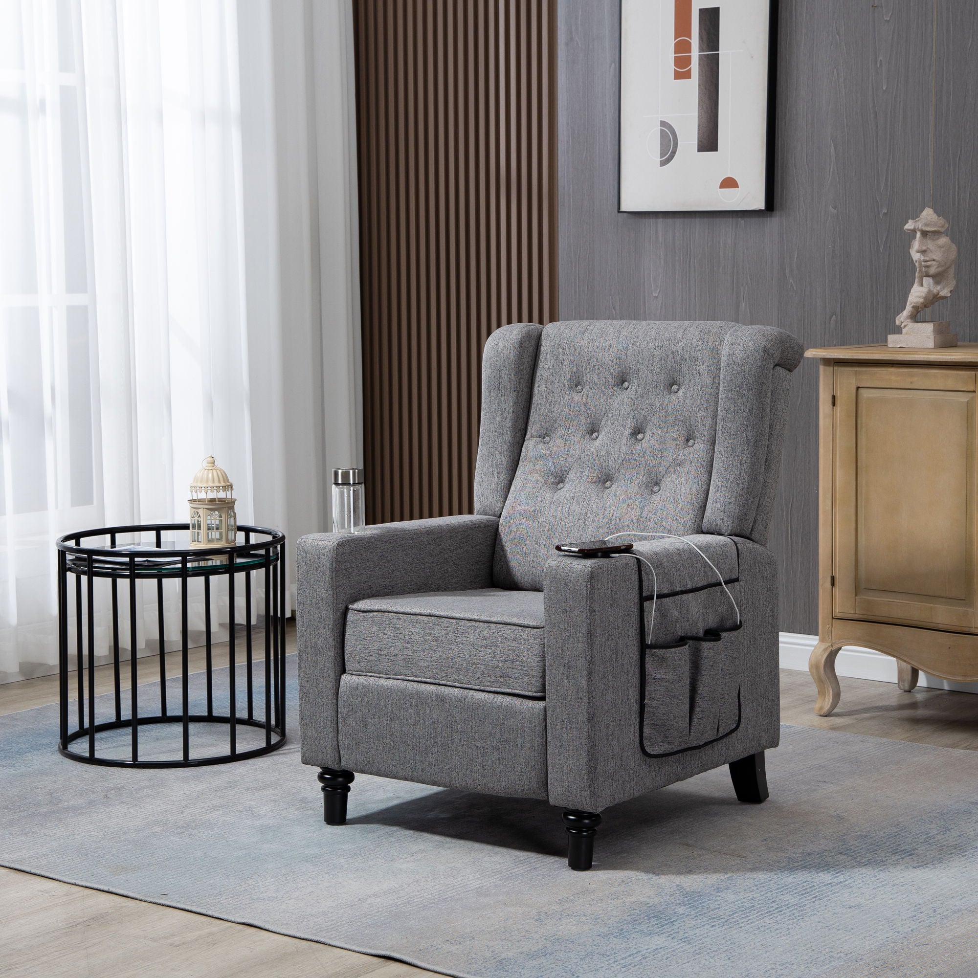 Arm Pushing Recliner Chair, Modern Button Tufted Wingback Push Back Recliner Chair, Living Room Chair Fabric Pushback Manual Single Reclining Sofa Home Theater Seating For Bedroom - Dark Gray