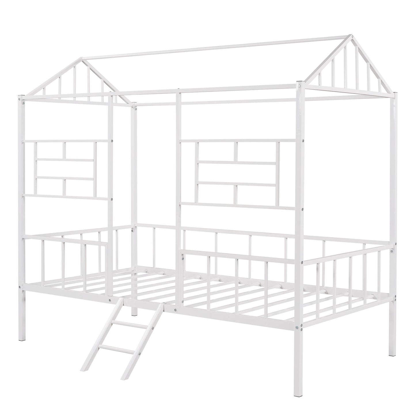 House Bed Frame Twin Size With Slatted Support No Box Spring Needed - White