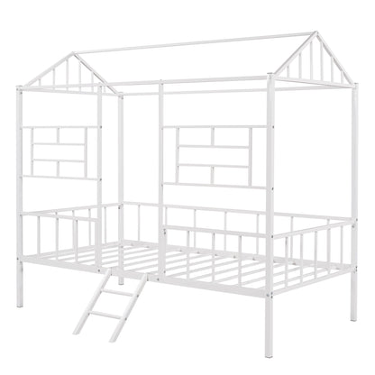 House Bed Frame Twin Size With Slatted Support No Box Spring Needed - White
