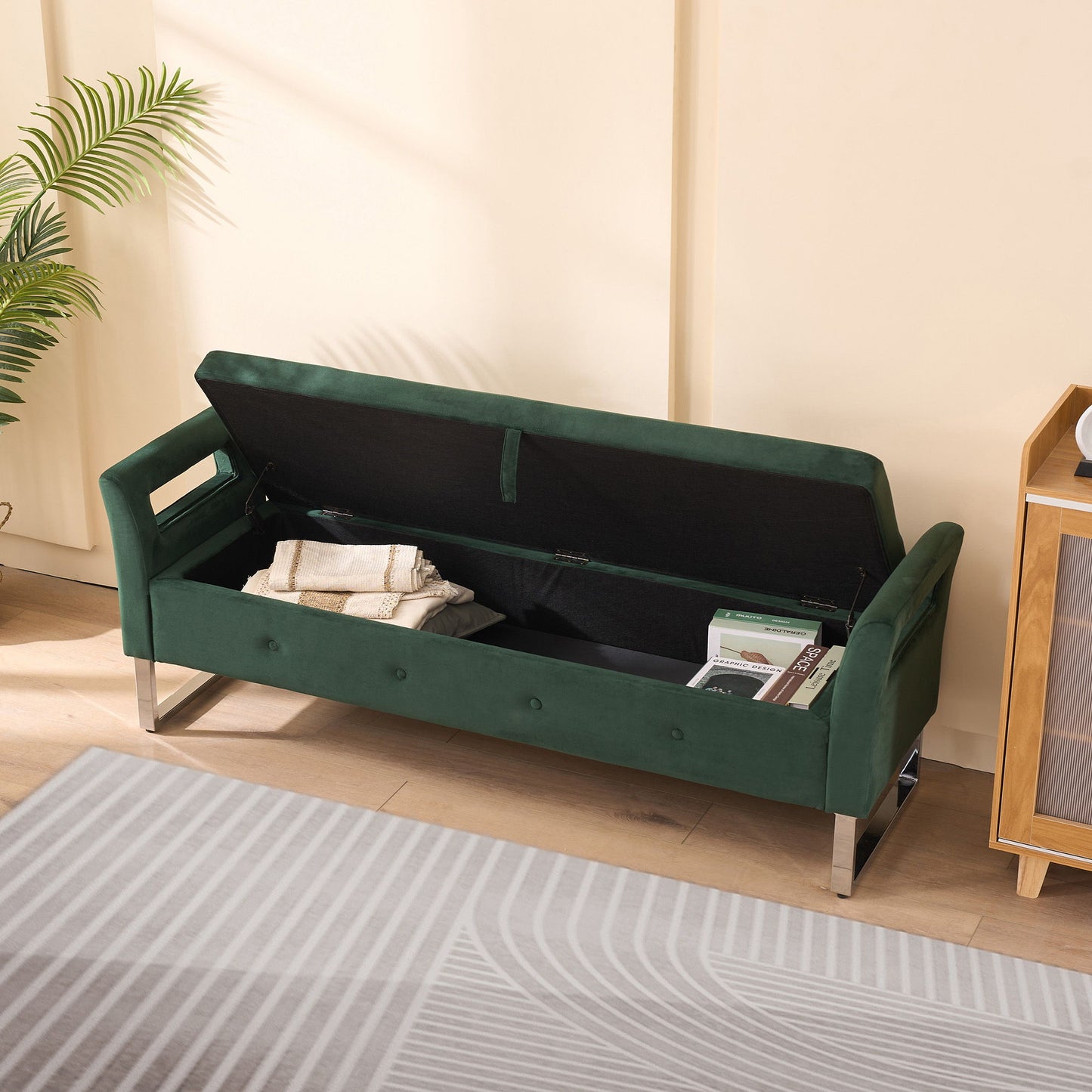 Wide Storage Soft Ottoman Bench With Armrests, Footrest Bed End Stool For Living Room, Dorm, Entryway And Bedroom - Green