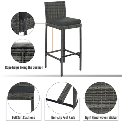 5 Pieces Outdoor Patio Wicker Bar Set, Bar Height Chairs With Non-Slip Feet And Fixed Rope, Removable Cushion, Acacia Wood Table Top - Brown / Gray