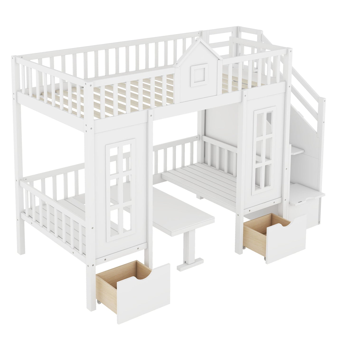 Twin Over Twin Bunk Bed With Changeable Table, Turn Into Upper Bed And Down Desk - White