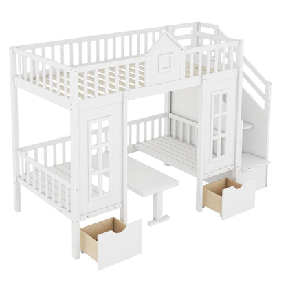 Twin Over Twin Bunk Bed With Changeable Table, Turn Into Upper Bed And Down Desk - White