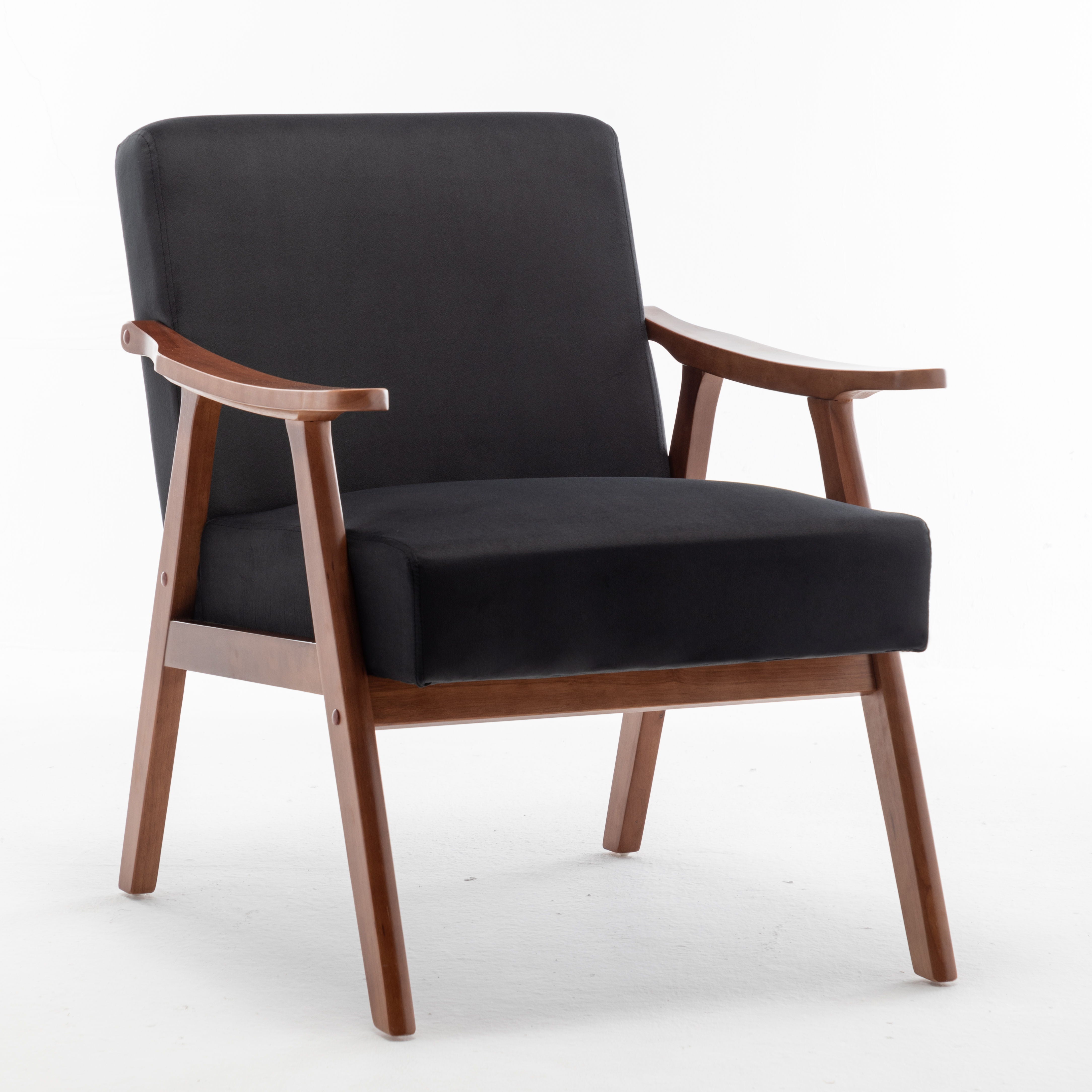 Mid Century Modern Wingback Accent Chair With Solid Wood Frame And Extra Thick Backrest - Lounge Chair For Living Room, Bedroom - Black