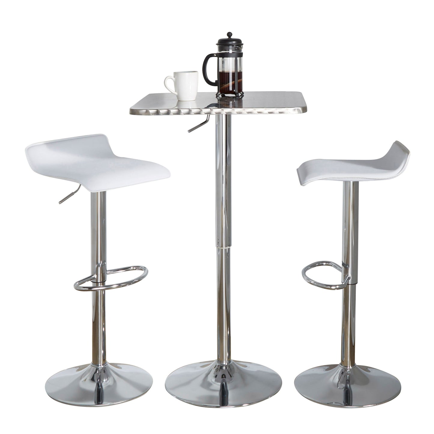 Ale - 3 Piece Bar Set Bistro Square Contemporary Adjustable Oval Footrest - Silver / Chrome / White