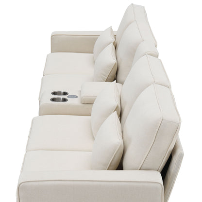 Upholstered Sofa With Console, 2 Cupholders And 2 USB Ports Wired Or Wirelessly Charged, Modern Linen Fabric Couches With 4 Pillows (4 Seat) - Beige