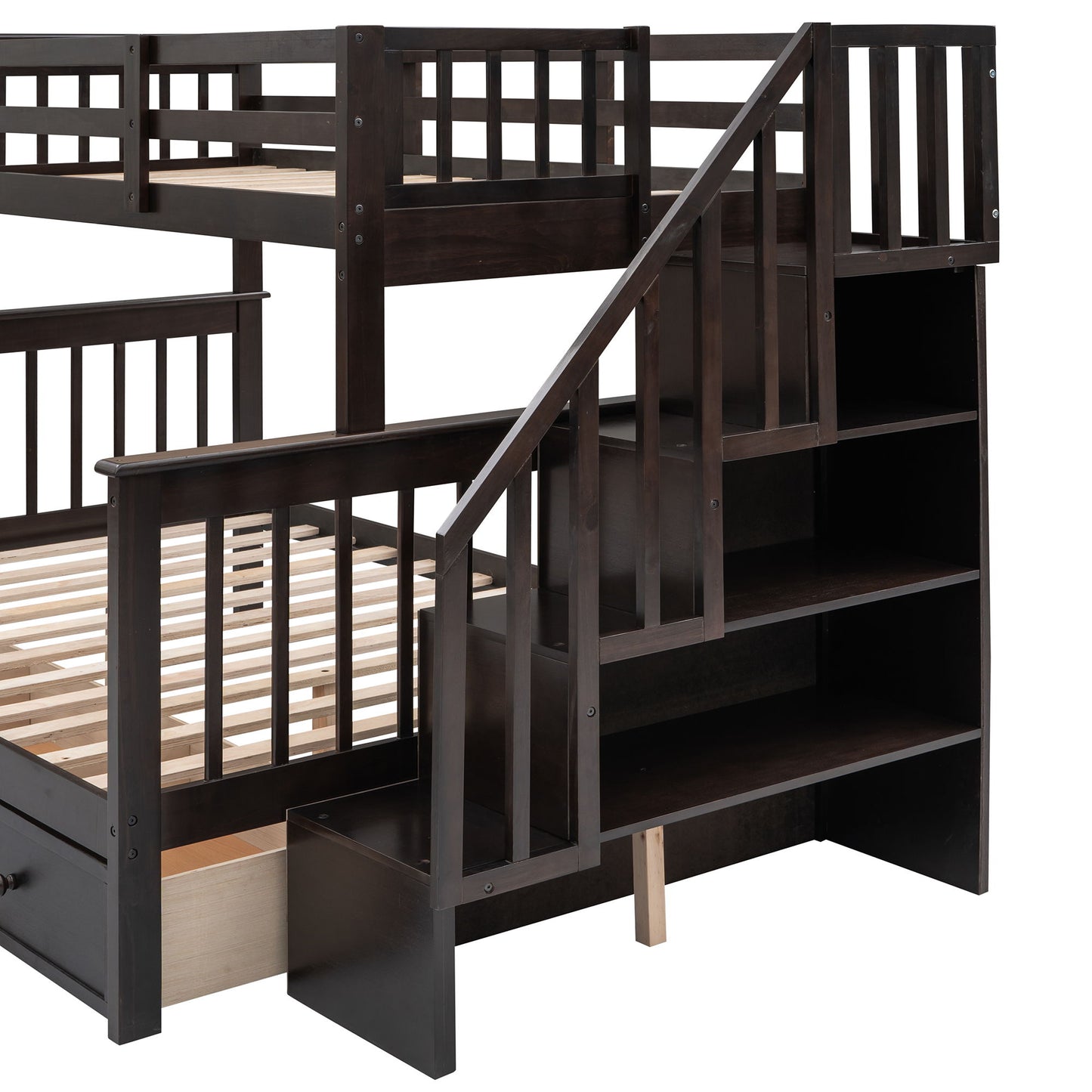 Twin Over Full Stairway Bunk Bed With Drawer, Storage And Guard Rail For Bedroom - Espresso