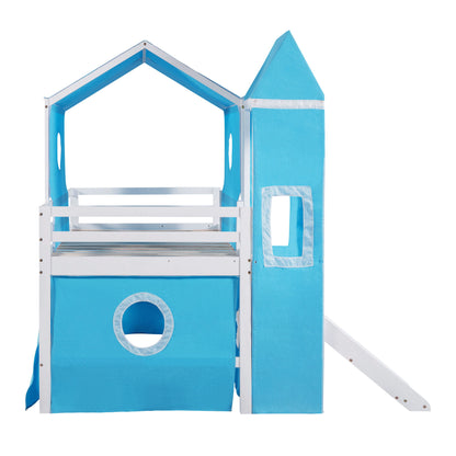 Twin Size Loft Bed With Slide Blue Tent And Tower - Blue