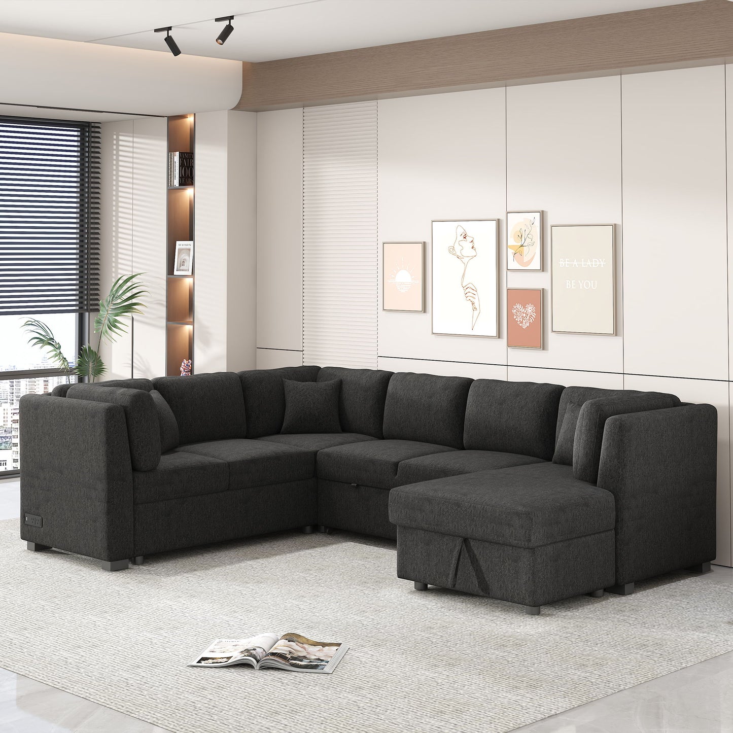 U-Shaped Sectional Sofa Pull Out Sofa Bed With Two USB Ports, Two Power Sockets, Three Back Pillows And A Storage Chaise For Living Room - Black