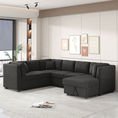 U-Shaped Sectional Sofa Pull Out Sofa Bed With Two USB Ports, Two Power Sockets, Three Back Pillows And A Storage Chaise For Living Room - Black