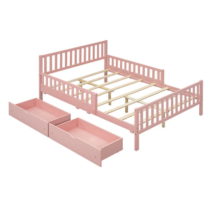 Full Size Platform Bed With Guardrails On Both Sides And 2 Storage Drawers - Pink