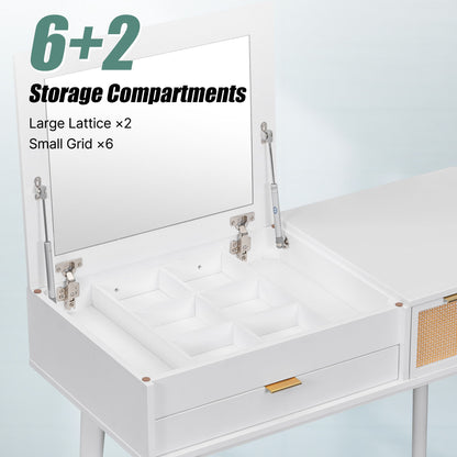Classic Wood Makeup Vanity Set With Flip-Top Mirror And Stool, Dressing Table With Three Drawers And Storage Space - White