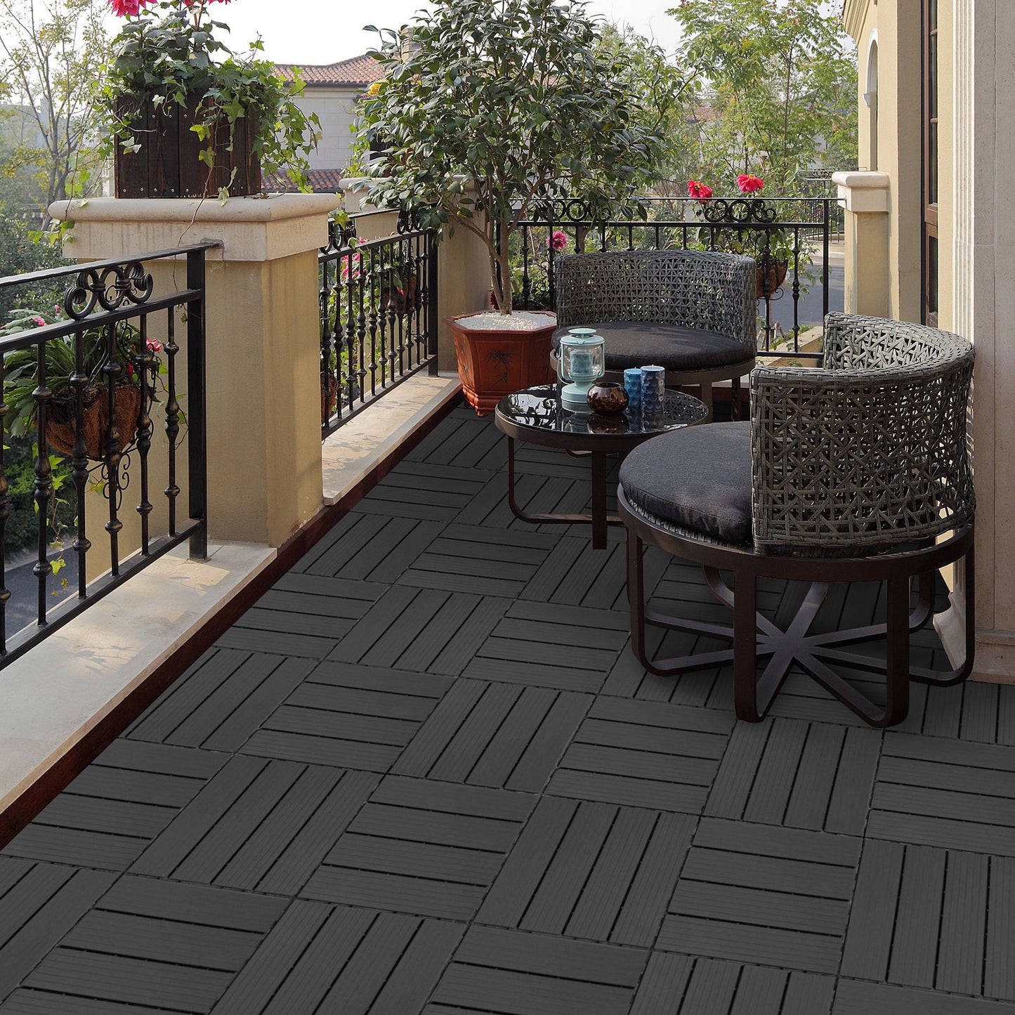 Plastic Interlocking Deck Tiles, (Set of 44), Patio Flooring Outdoor Waterproof All Weather Use For Garden Poolside Front / Back Yard - Light Gray