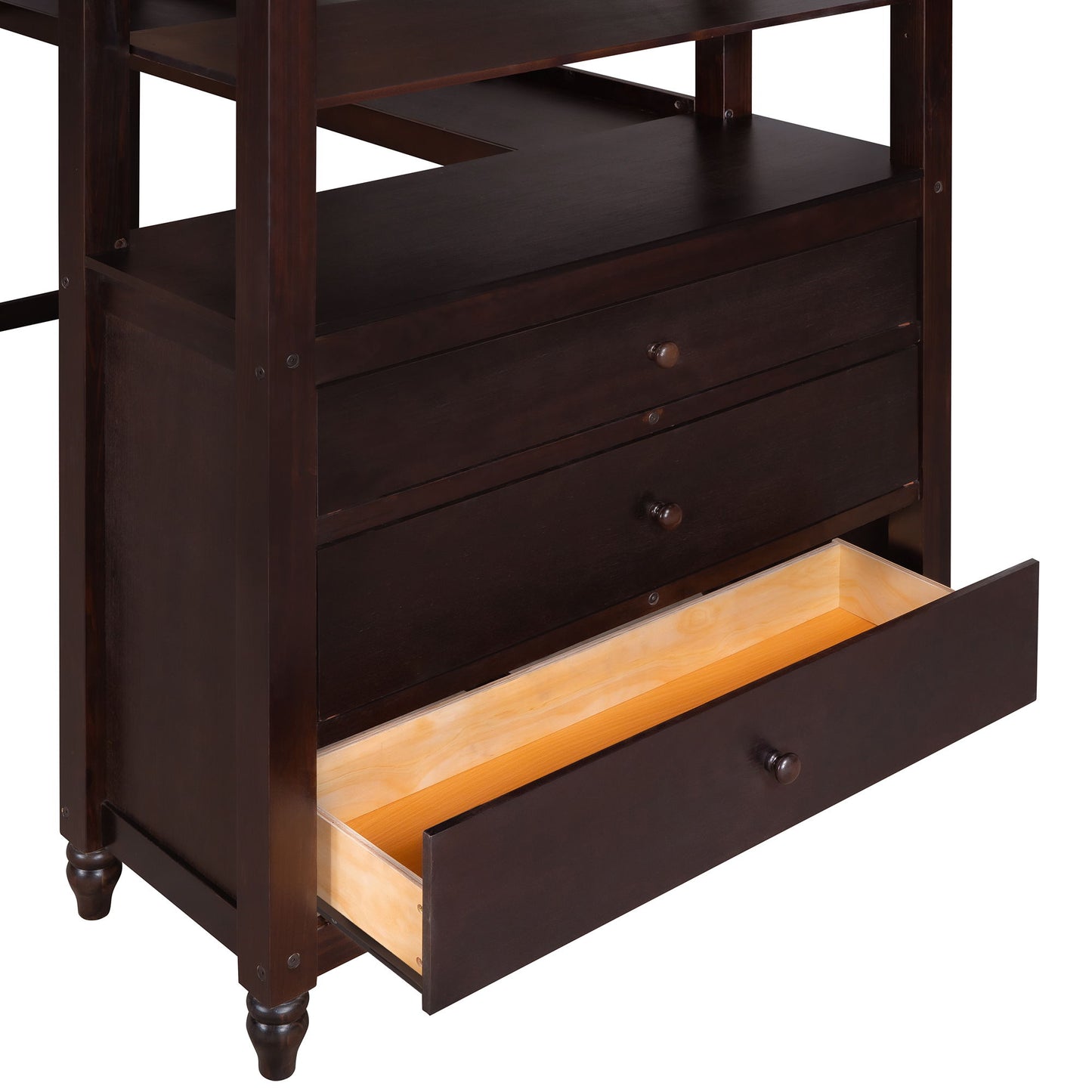 Twin Size Loft Bed With Drawers And Desk, With Shelves - Espresso