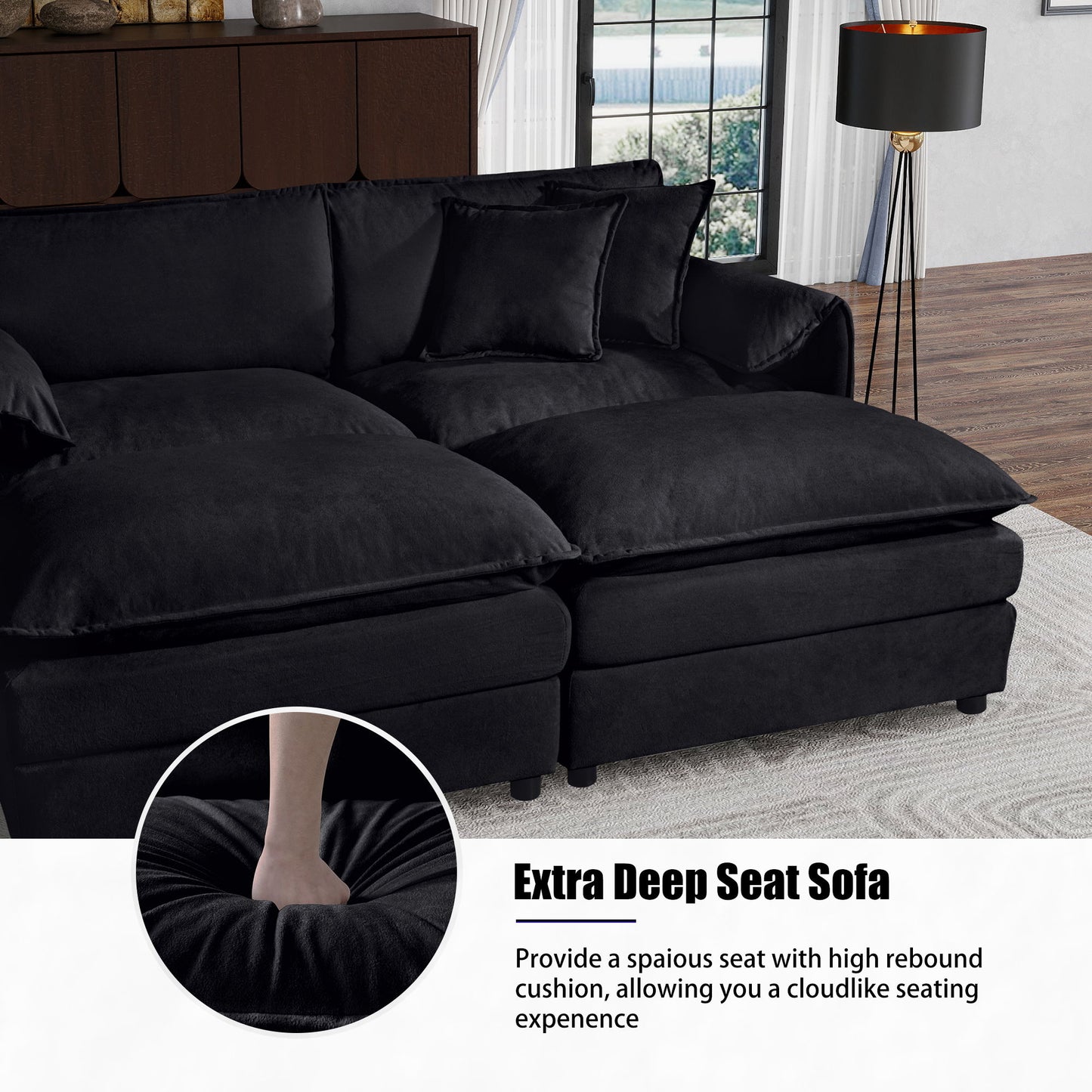 Deep Seat Sectional Cloud Sofa With 2 Ottomans & Soft Pillows, Modular Loveseat Couch - Black Chenille