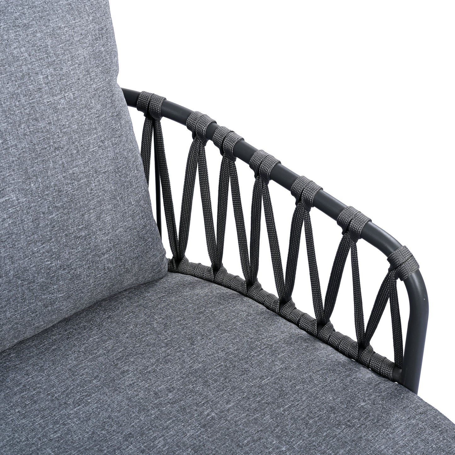 4 Piece Outdoor Patio Furniture Set, Metal Chairs With Woven Rope U Shaped Backrest, Outdoor Conversation Set With Thick Cushions And Coffee Table For Garden, Poolside, Balcony - Black / Gray