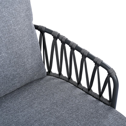 4 Piece Outdoor Patio Furniture Set, Metal Chairs With Woven Rope U Shaped Backrest, Outdoor Conversation Set With Thick Cushions And Coffee Table For Garden, Poolside, Balcony - Black / Gray