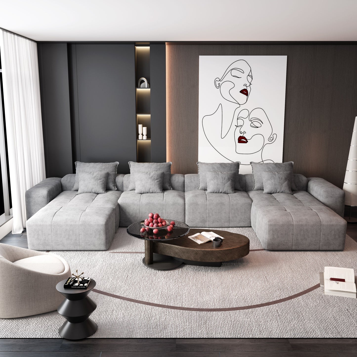Modern Oversized Modular Sectional Sofa, Sparkling Chenille Fabric Soft Cushion Sofa With 8 Pillows, 8 Pieces Diy Combination Tufted Sofa, No Assembly Required - Gray