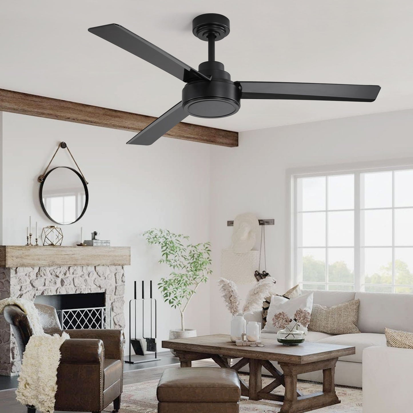 52" Outdoor Ceiling Fan Without Light, 3 Abs Blades Farmhouse Ceiling Fan With Remote Control 6-Speed Reversible Dc Motor For Living Room, Bedroom, Kitchen - Black