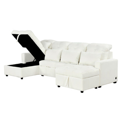 Oversized U - Shaped Sofa Versatile Sectional Sofa Pull Out Sofa Bed With Double Storage Chaise Lounges And 2 USB Ports For Living Room - Beige
