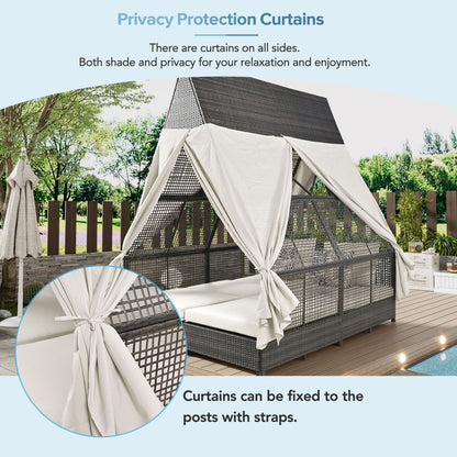 Outdoor Daybed Patio Lounge Bed With Adjustable Backrest Double Sun Lounger With Curtains, 4 Pillows For Garden Patio Poolside Balcony Beach - Beige