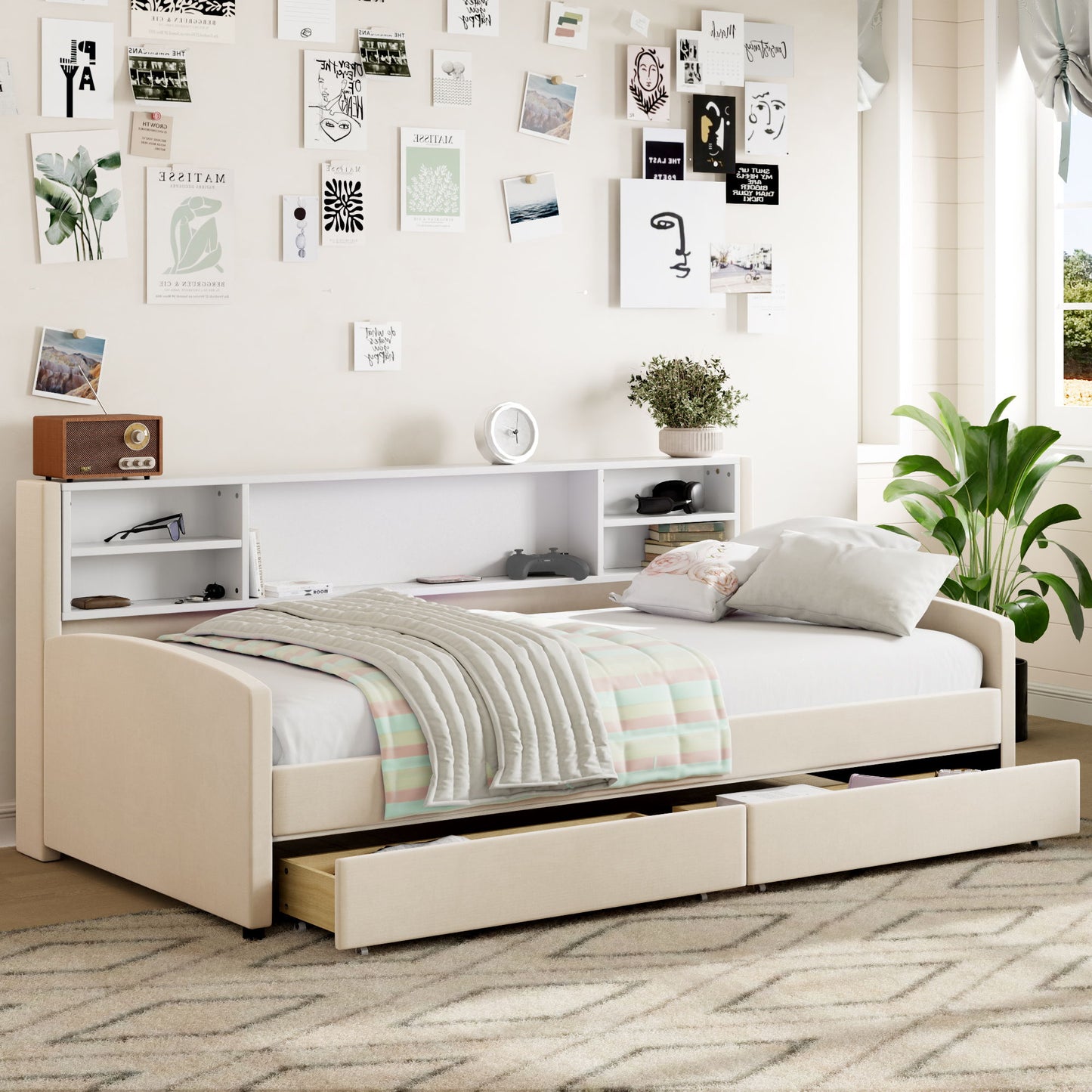 Twin Size Luxurious Upholstered Platform Bed With Storage Drawers - Beige
