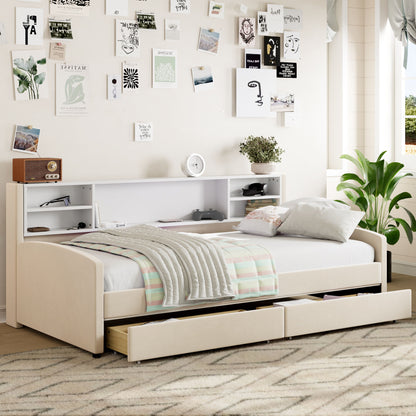 Twin Size Luxurious Upholstered Platform Bed With Storage Drawers - Beige
