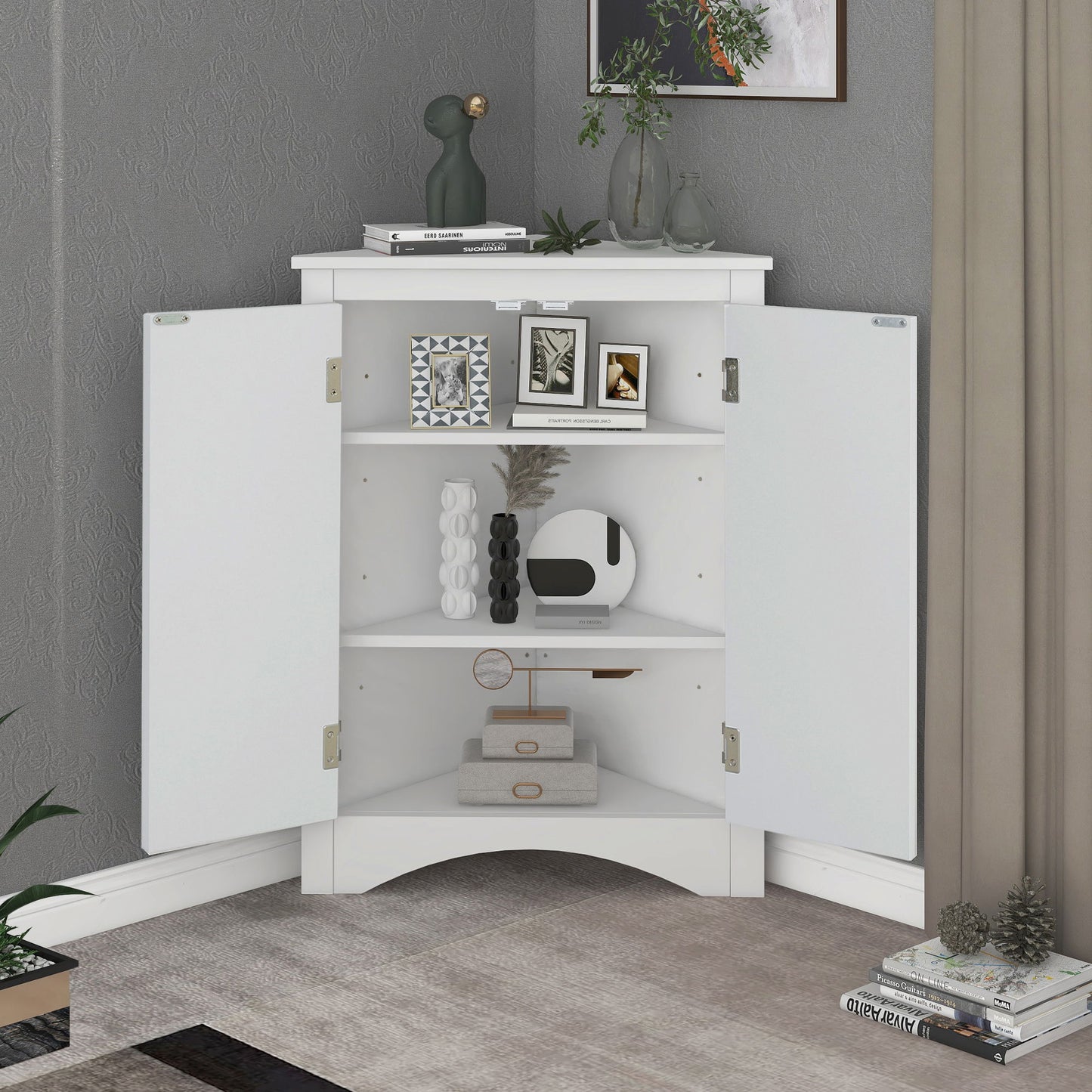 Triangle Bathroom Storage Cabinet With Adjustable Shelves, Freestanding Floor Cabinet For Home Kitchen - White