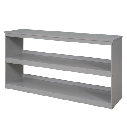 Full Loft Low Study Bed With Cabinet, Shelves And Rolling Portable Desk, Multiple Functions- Gray