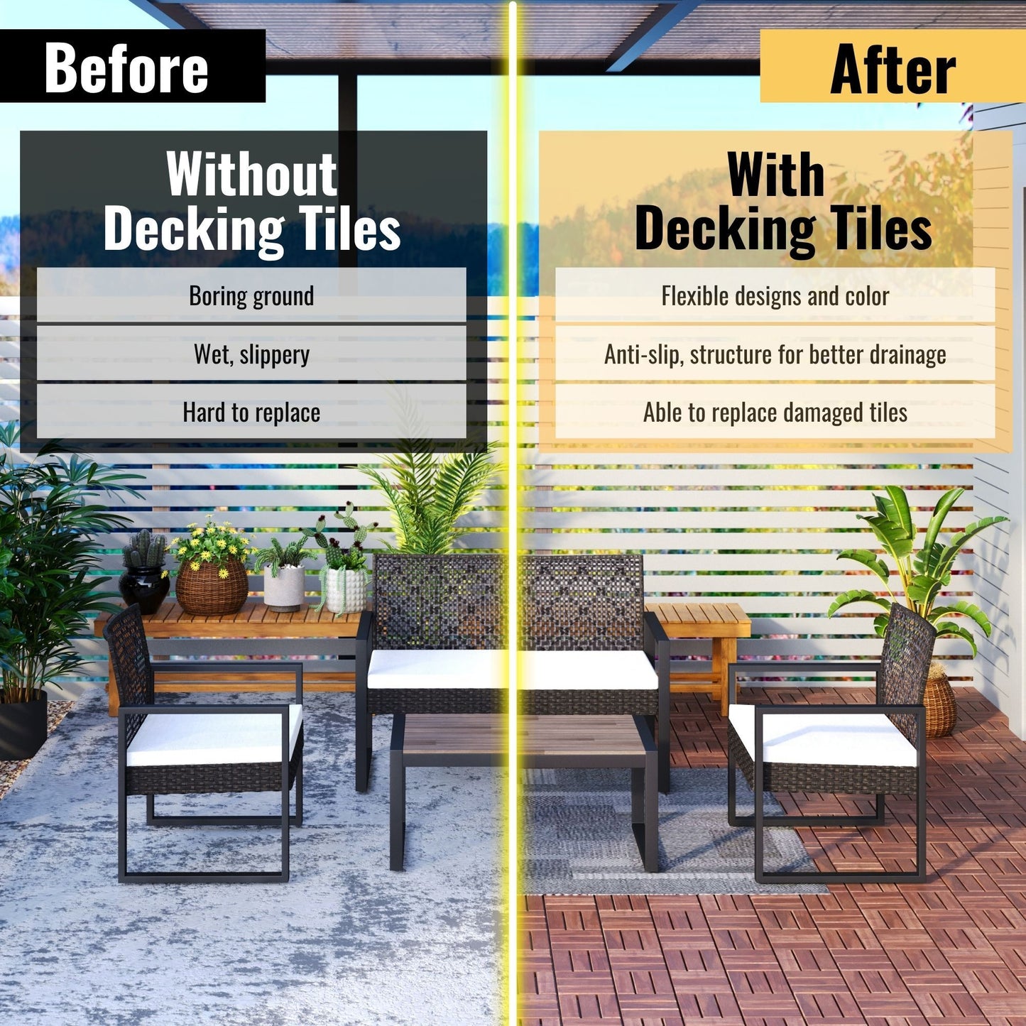 Acacia Wood Interlocking Deck Tiles Checker Pattern, 10 Piece Square Acacia Hardwood Outdoor Flooring For Patio, Bancony, Pool Side - Brown