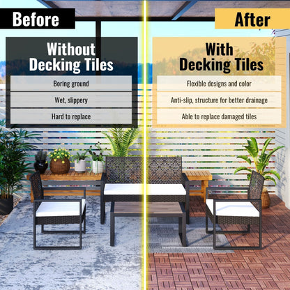 Acacia Wood Interlocking Deck Tiles Checker Pattern, 10 Piece Square Acacia Hardwood Outdoor Flooring For Patio, Bancony, Pool Side - Brown