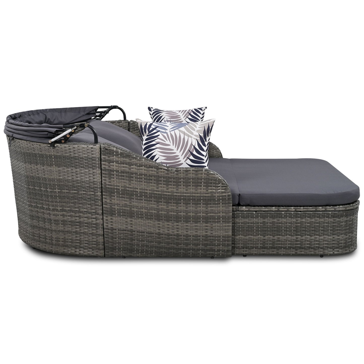 Outdoor Sunbed With Adjustable Canopy, Double Lounge, PE Rattan Daybed Wicker And Cushion - Gray