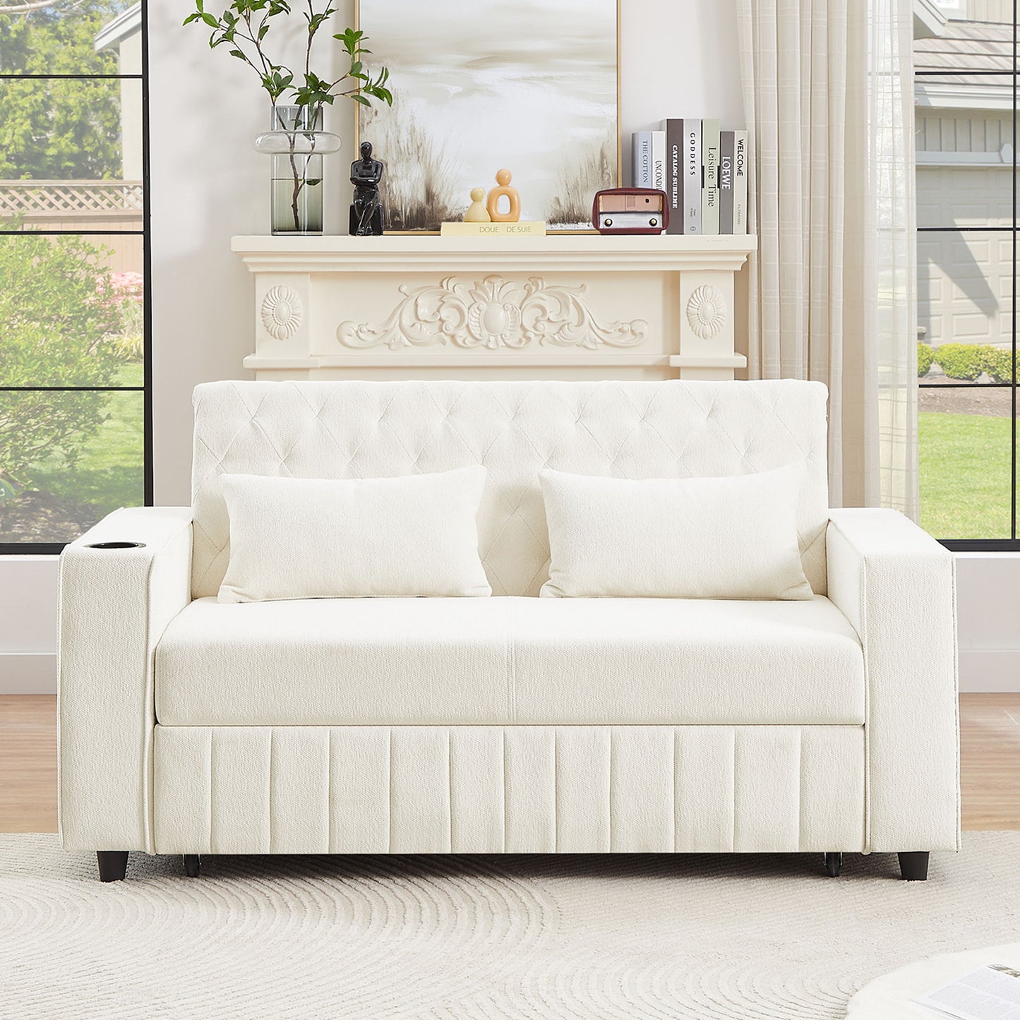 Pull Out Sofa Bed Convertible Couch Loveseat Sofa Modern Sleeper Sofa With Adjustable Backrest For Living Room - Beige