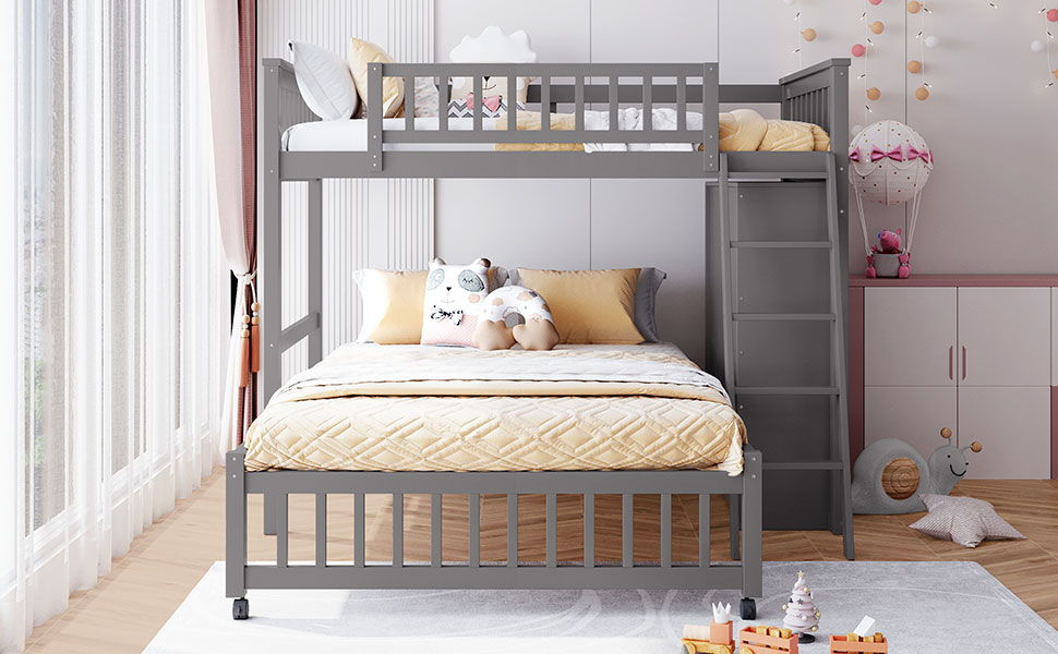 Twin Over Full Bunk Bed With 6 Drawers And Flexible Shelves, Bottom Bed With Wheels - Gray