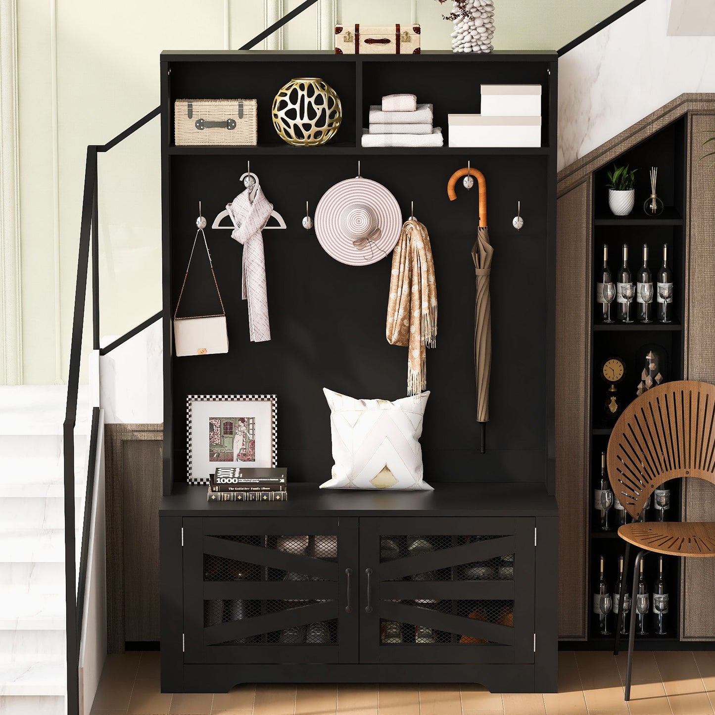 Entryway Bench With Coat Rack, 3 In 1 Design And Adjustable Shelves, Hall Tree With 7 Hooks For Entrance, Living Room - Black