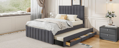 Full Size Upholstered Platform Bed With Twin Size Trundle And 3 Drawers - Gray