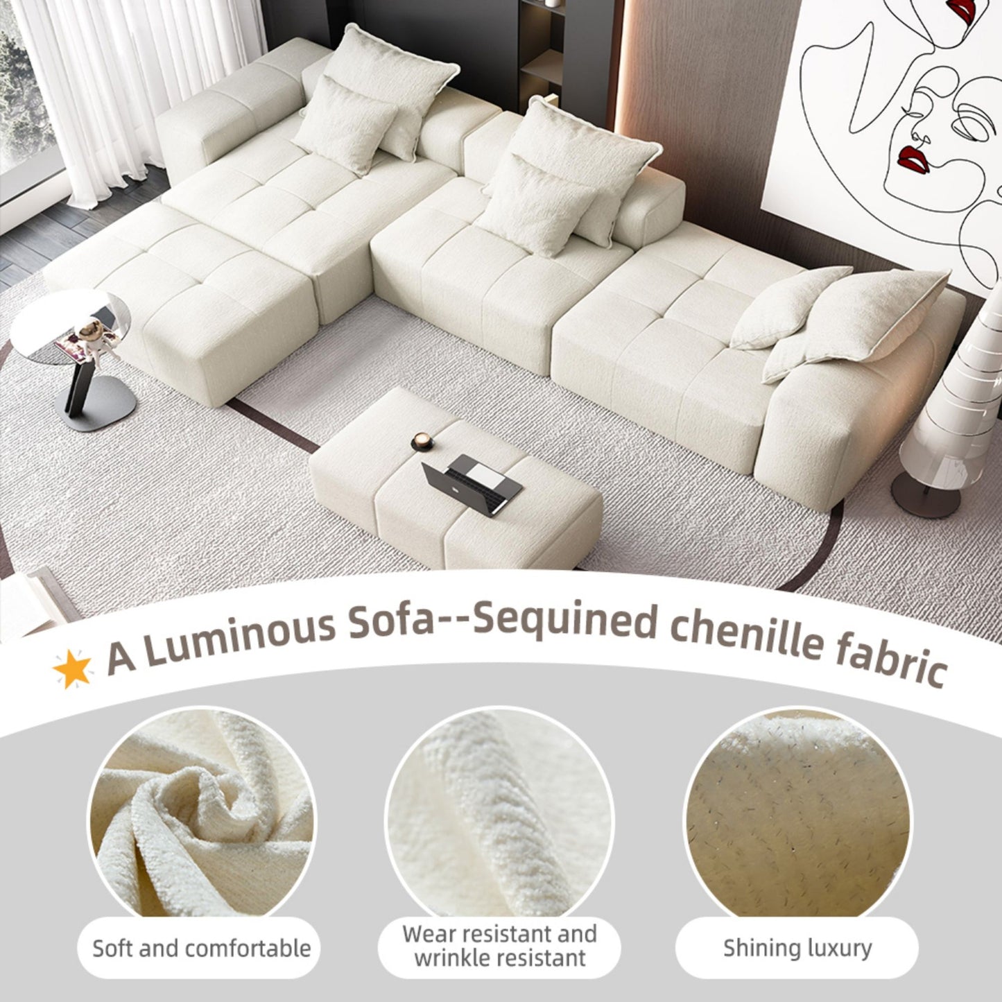 Modern Oversized Modular Sectional Sofa, Sparkling Fabric Soft Cushion Sofa With 6 Pillows, 6 Pieces Diy Combination Tufted Sofa, No Assembly Required - Beige