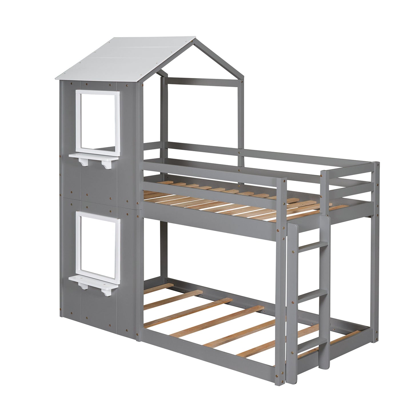 Twin Over Twin Bunk Bed With Roof, Window, Guardrail, Ladder - White