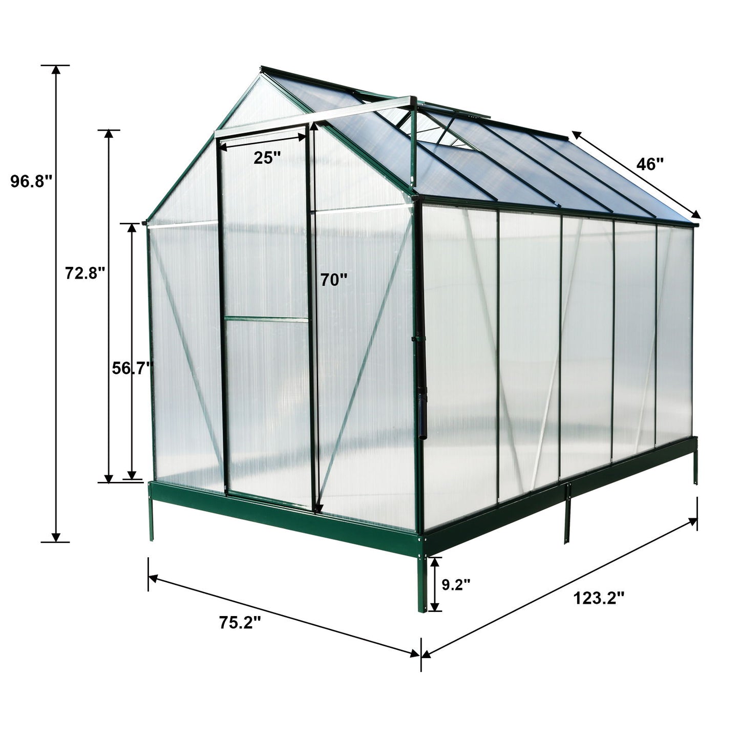 6.3'*10.2'*7' Polycarbonate Greenhouse, Heavy Duty Outdoor Aluminum Walk-In Green House Kit With Rain Gutter, Vent And Door For Backyard Garden - Green