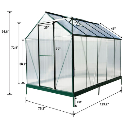 6.3'*10.2'*7' Polycarbonate Greenhouse, Heavy Duty Outdoor Aluminum Walk-In Green House Kit With Rain Gutter, Vent And Door For Backyard Garden - Green