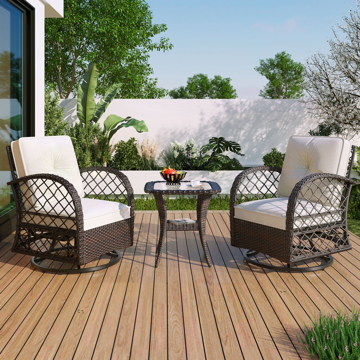 3 Piece Outdoor Chair & Table Set Chat Set 2 Person Rattan Seating Group With 2 Swiveling And Rocking Chairs And A Square Table For Garden, Patio, Or Balcony - Brown