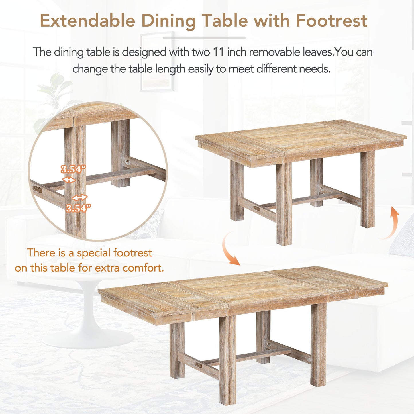 Topmax - 6 Piece Farmhouse Extendable Dining Table With Footrest, 4 Upholstered Dining Chairs And Dining Bench, Two 11" Removable Leaf - Natural / Beige