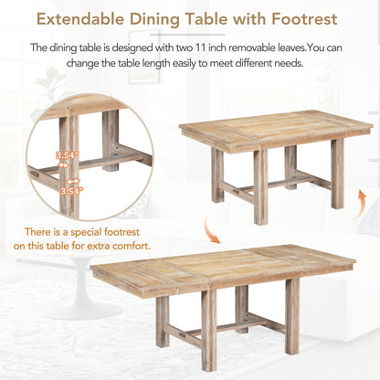 Topmax - 6 Piece Farmhouse Extendable Dining Table With Footrest, 4 Upholstered Dining Chairs And Dining Bench, Two 11" Removable Leaf - Natural / Beige