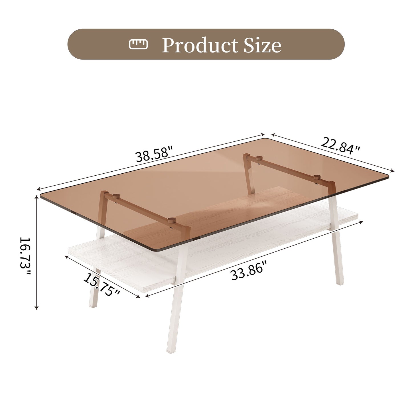 Rectangle Coffee Table, Tempered Glass Tabletop With White Metal Legs, Modern Table For Living Room - Brown / White